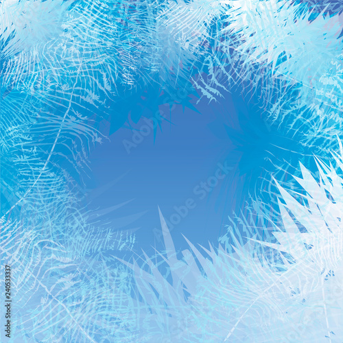 Winter frosted window background. Freeze and wind at the glass.