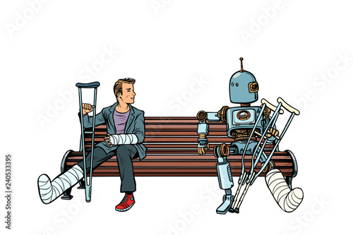 a robot and a man with broken legs with crutches and in a cast
