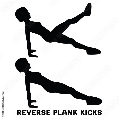 Reverse plank kicks. Reverse plank. Sport exersice. Silhouettes of woman doing exercise. Workout, training.