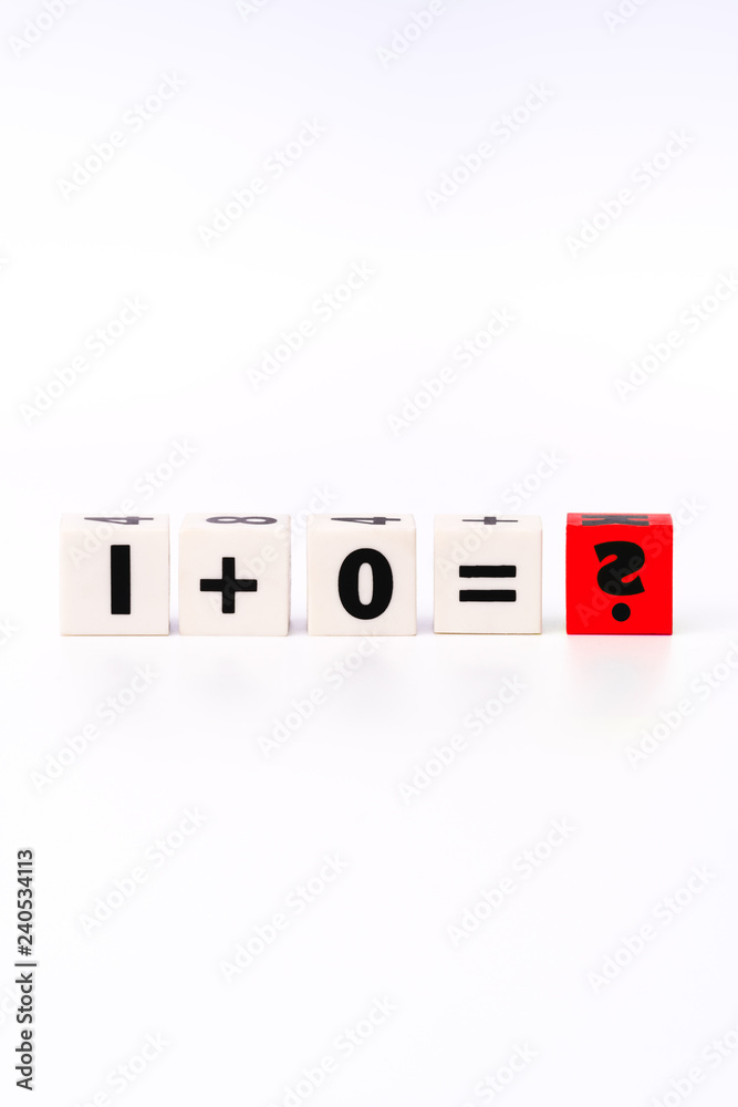 Cubes showing an unsolved equation (1+0=?) Cubes showing an unsolved equation (1+0=?)