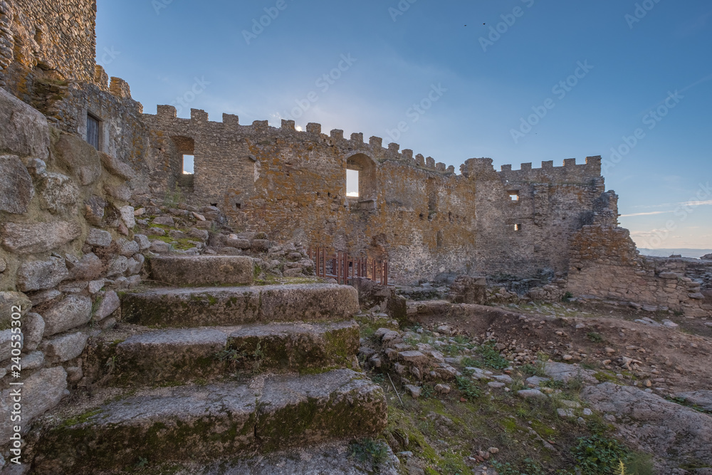 View of the ruins of the Montanchez Castle located in Caceres. Extremadura Spain