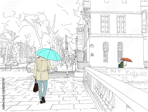 Hand drawn vector illustration. A business man walks in the rain in Paris, France, downtown.