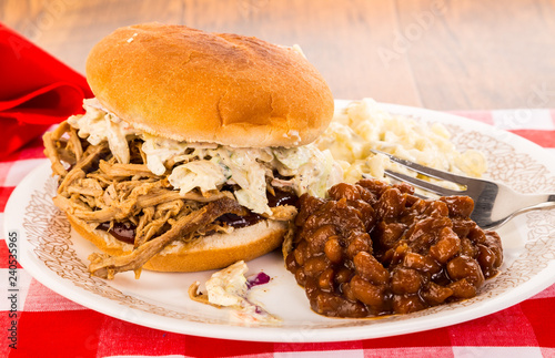 Pulled Pork Sandwich in Rustic Setting with Baked Beans and Potato Salad