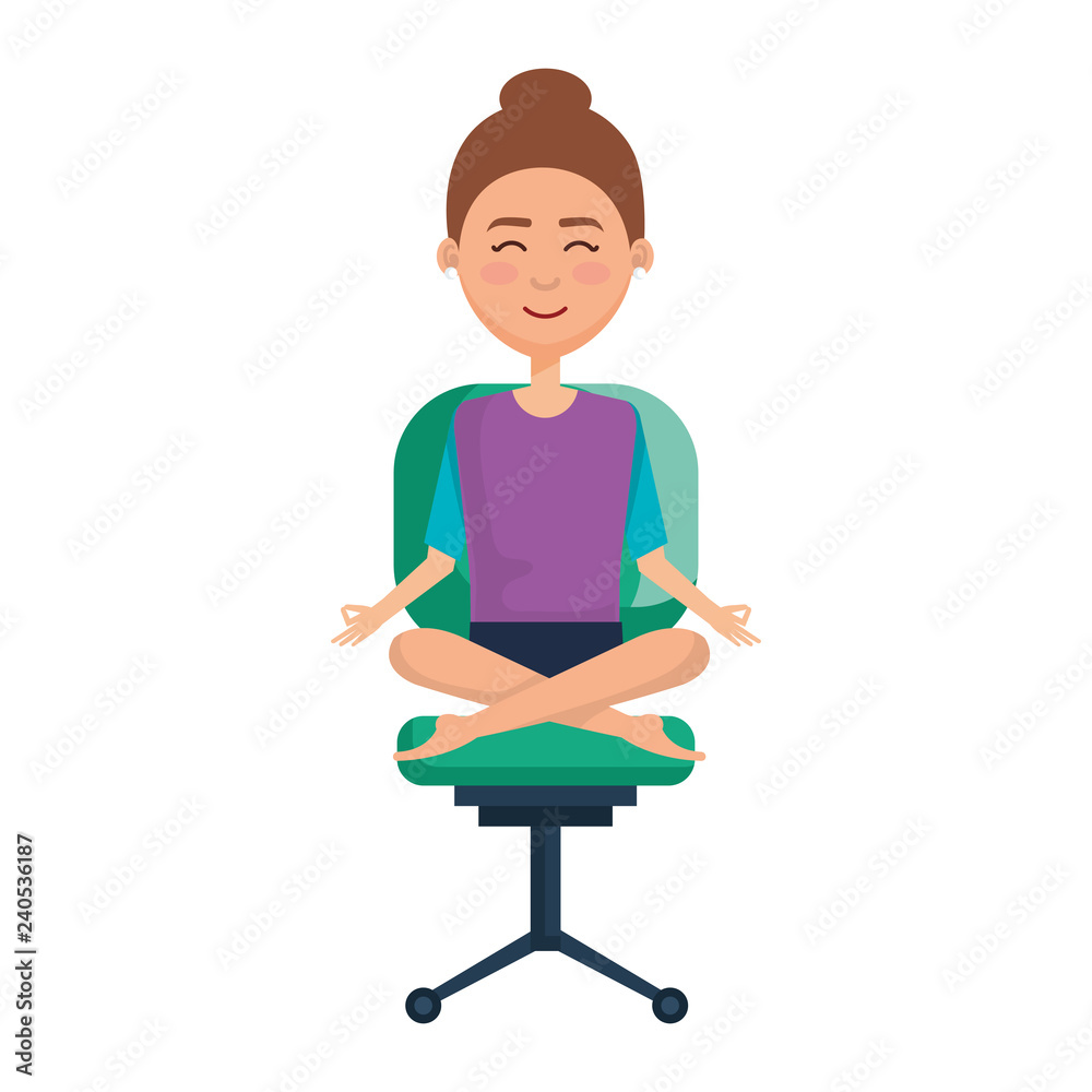 elegant businesswoman with lotus pose in office chair elegant businesswoman with lotus pose in office chair
