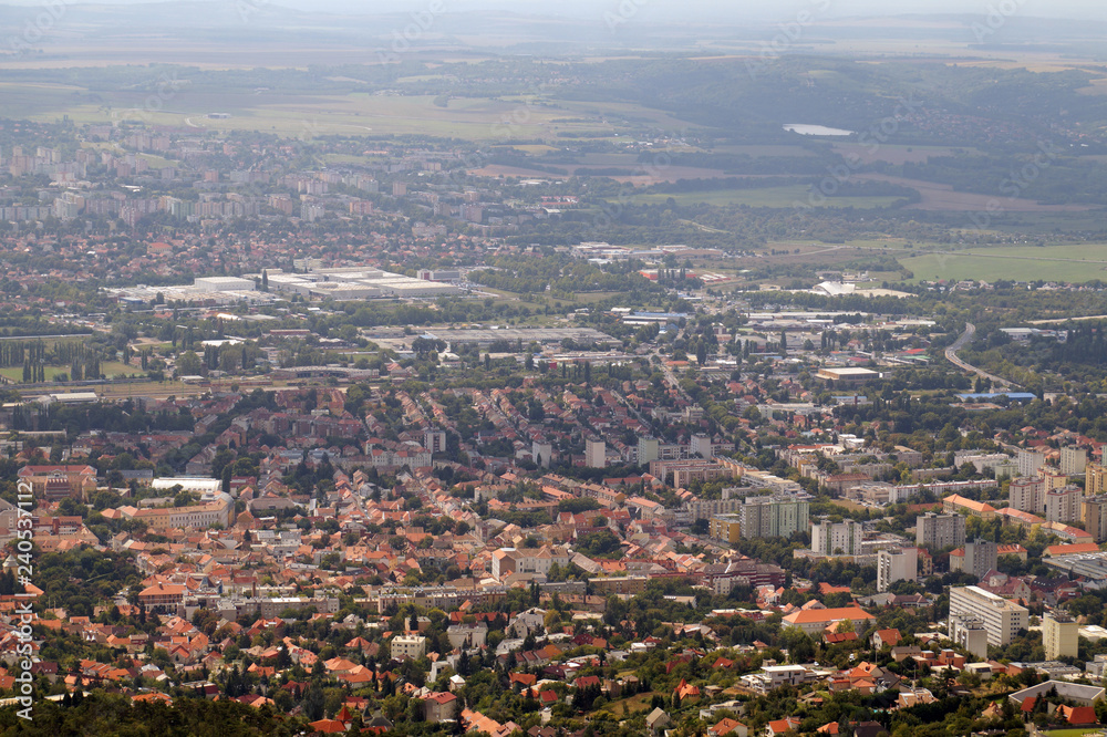 A bird's eye view of the center city. The city of Pécs in the southern part of Hungary.
