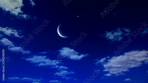  Crescent and many clouds in night sky . Night sky with stars . Beautiful night . 