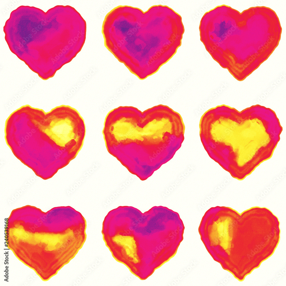 Nine Colorful Hearts Simulating Watercolor on Paper