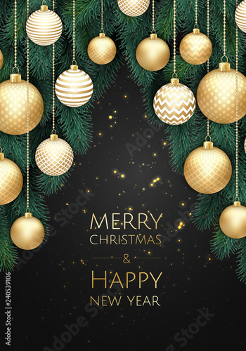 Merry Christmas and Happy New Year. Xmas background with gift box, Snowflakes and balls design.