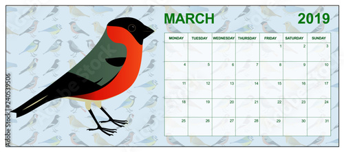 March 2019 calendar on english with an Eurasian bullfinch in the middle