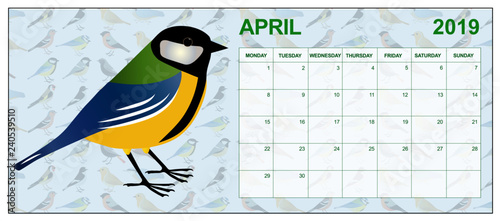 April 2019 calendar on english with a Great Tit in the middle