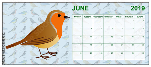 June 2019 calendar on english with an European robin in the middle