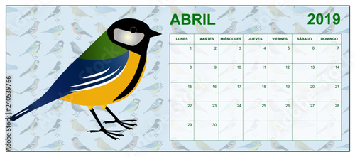 April 2019 calendar on spanish with a Great Tit in the middle