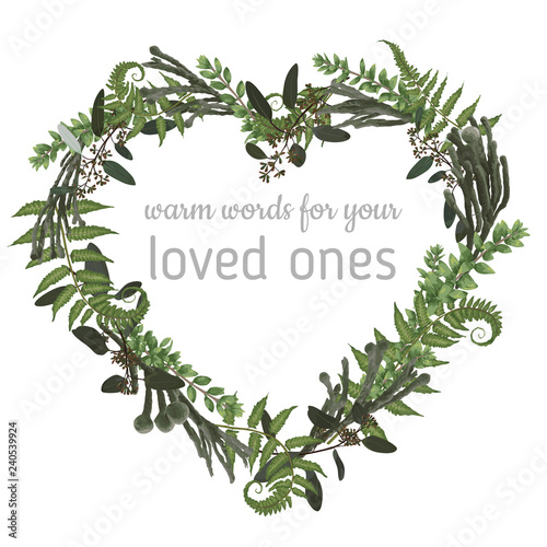 Valentine greeting card, invite card. Herbs, eucalyptus,  forest fern, brunia, waxflower. Natural, branches boxwood, buxus. For wedding invitations, vignettes, postcards