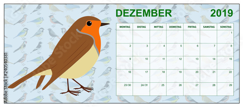 December 2019 calendar on german with an European robin in the middle