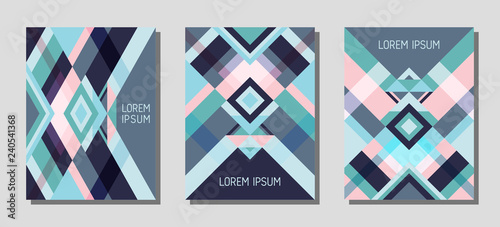 Cover page layout vector template geometric design with triangles and stripes pattern.