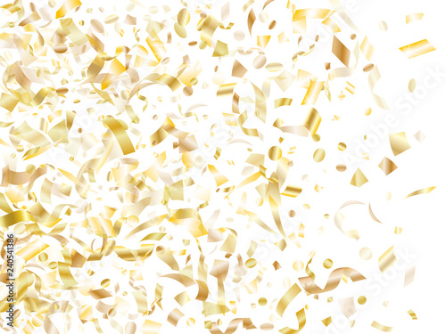 Holiday realistic gold confetti flying on black background.