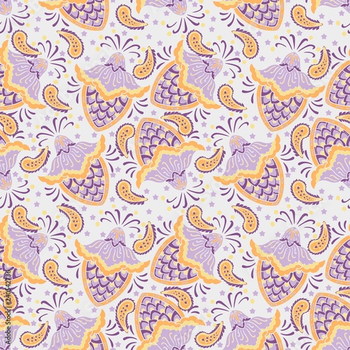 Paisley mandala flower abstract pattern seamless vector background with purple and yellow tone