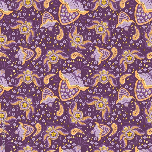 Paisley mandala flower abstract pattern seamless vector background with purple and yellow tone