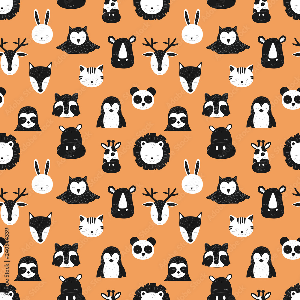 Pattern of scandinavian animals. Orange background. Vector image of fox, deer, owl, sloth, rhino, cat, hippo, giraffe, lion, penguin, hare, raccoon. For card, textile, nursery, baby shower.