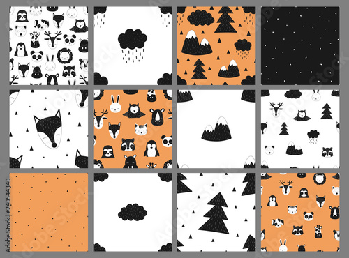 Collection of seamless children patterns. Vector hand-drawn black and white baby Scandinavian illustration. Pattern for banner, postcard, textile, print, wrapping paper, poster, clothes, nursery