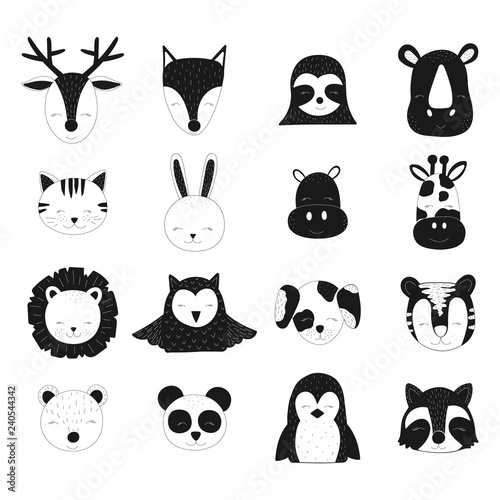 Scandinavian vector children illustration. Hand-drawn cute black animals for baby. Deer, fox, sloth, rhinoceros, cat, hare, hippopotamus, giraffe, lion, owl, dog, tiger, bear, panda, penguin, raccoon