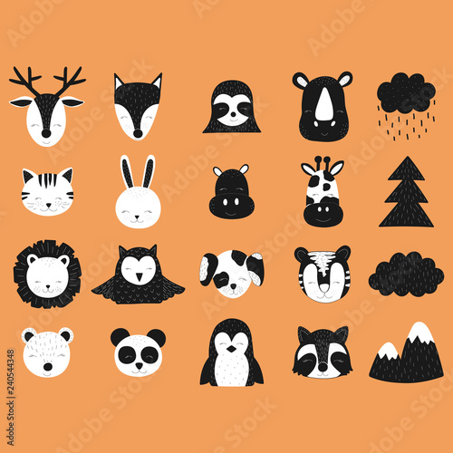 Scandinavian vector illustration for kids. Hand-drawn animals. Deer, fox, sloth, rhinoceros, cat, hare, hippopotamus, giraffe, lion, owl, dog, tiger, bear, panda, penguin, raccoon, rain, mountains