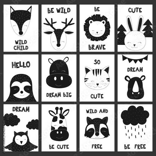 Ð¡ollection of cards, banners, posters for children. Vector scandinavian illustration with inscriptions. Deer, fox, lion, hare, sloth, hippopotamus, cat, rhino, owl, giraffe, raccoon, rain.