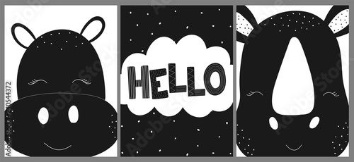 Ð¡ollection of cards, banners, posters for children. Vector black and white hand-drawn scandinavian illustration of hippo, rhino, cloud, hello. Images for baby shower, print, textile, nursery, clothes