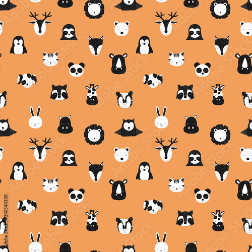 Fototapeta Naklejka Na Ścianę i Meble -  Pattern of scandinavian animals. Orange background. Vector image of fox, deer, owl, sloth, rhino, cat, hippo, giraffe, lion, penguin, hare, raccoon. For banner, card, textile, nursery, baby shower.