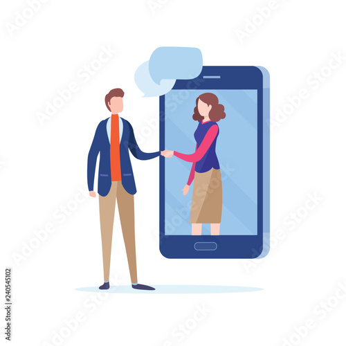Hand shake of business people's.  online deal. communication, partnership, connection, Flat cartoon miniature  illustration vector graphic on white background.