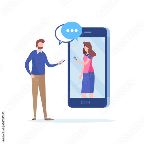 Chatting via Social network. couple having date via smartphone. online communication. Flat cartoon miniature  illustration vector graphic on white background.
