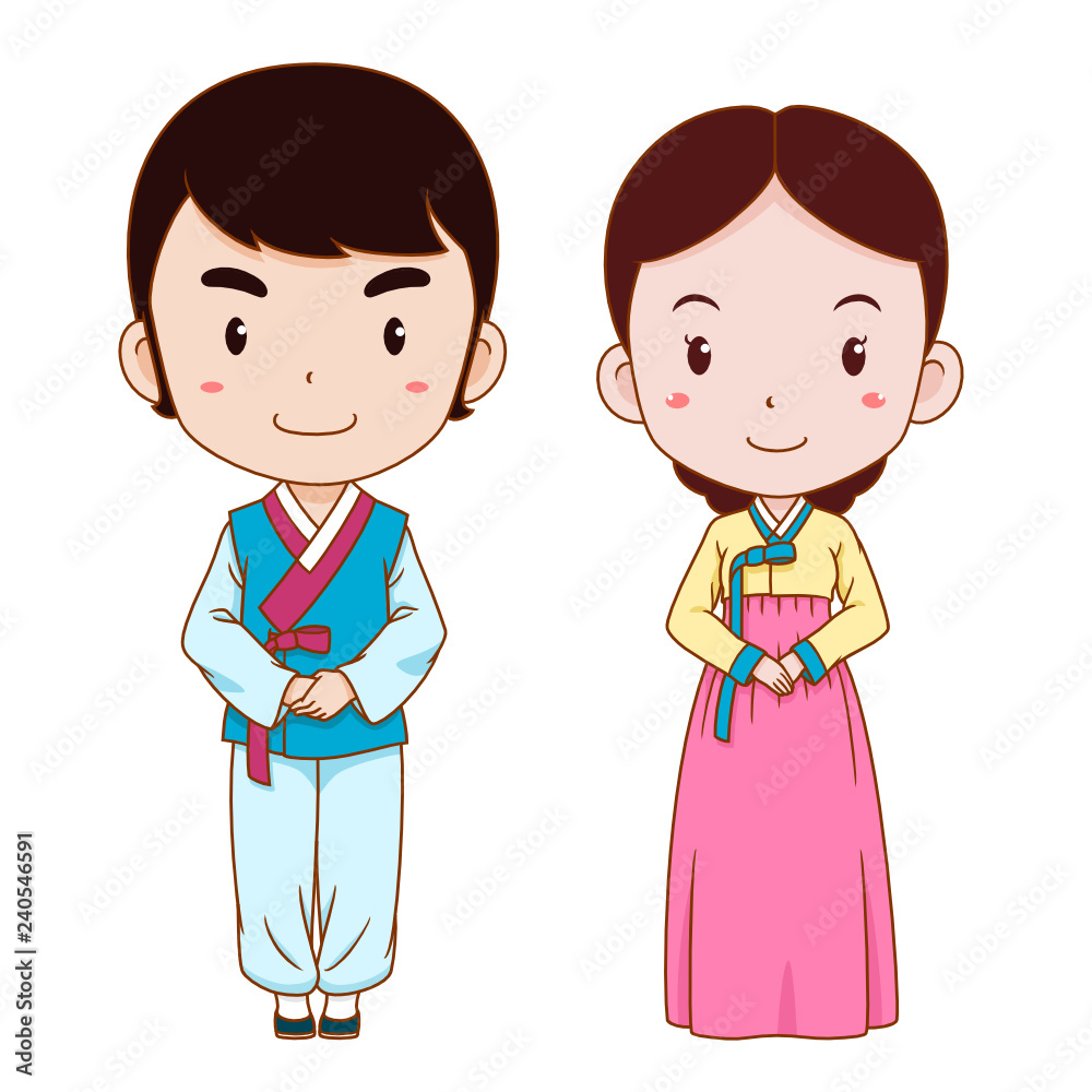 Cute couple cartoon in Korean traditional costume. Stock Vector | Adobe  Stock