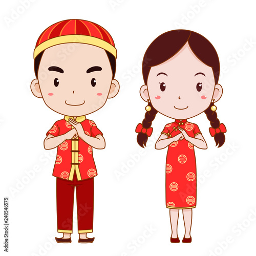 Happy Chinese new year with cute couple cartoon in Chinese traditional costume.