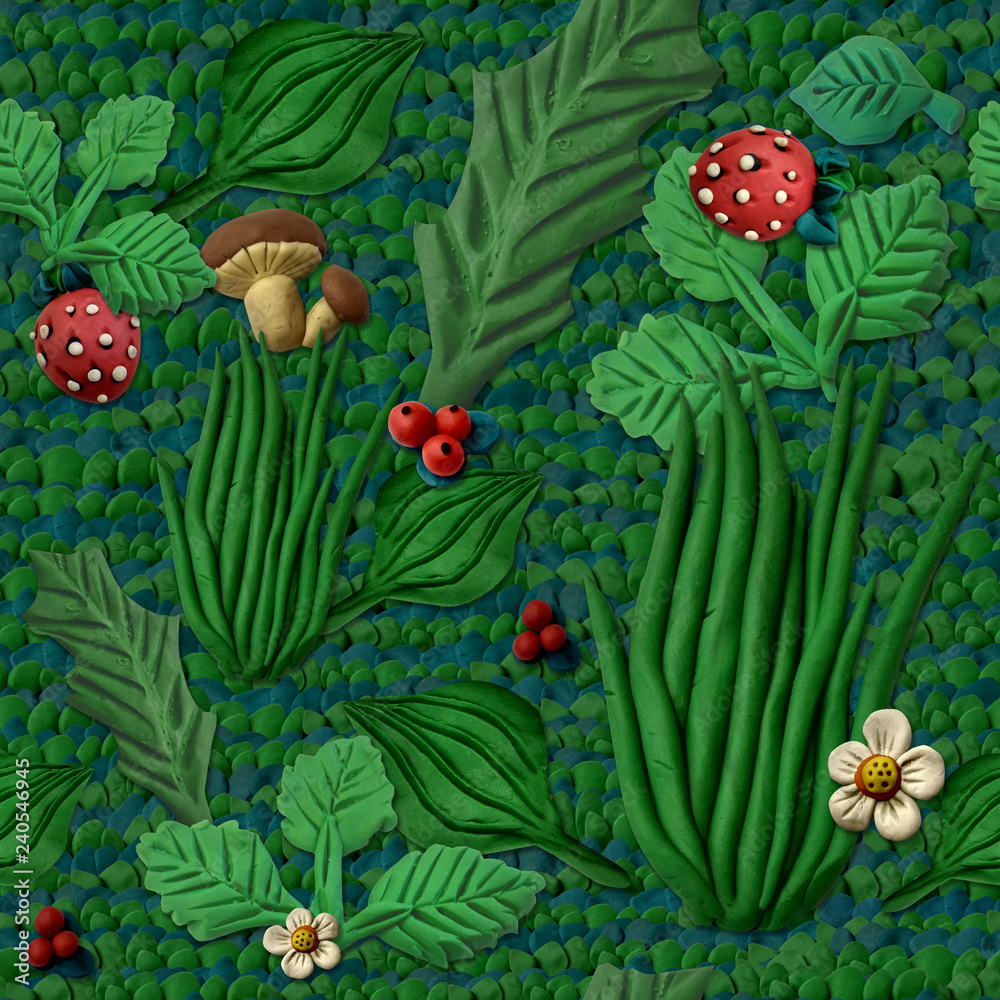 Fototapeta premium Seamless texture imitating grass and berries, which is made of multi-colored plasticine