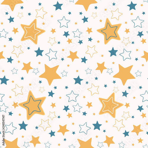 Cute vector cartoon starry sky.  Hand drawn seamless repeat pattern. Night time  magical cosmic space elements illustration for baby or kids.