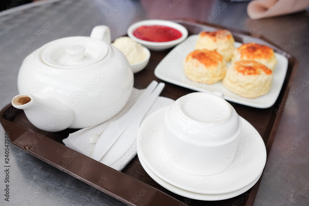 English scones set served on a table in local restaurant in Cameron Highlands. English scones set served on a table in local restaurant in Cameron Highlands.