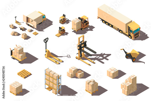 Isometric 3d set big and small shipment truck with forklift and box for delivery moving.