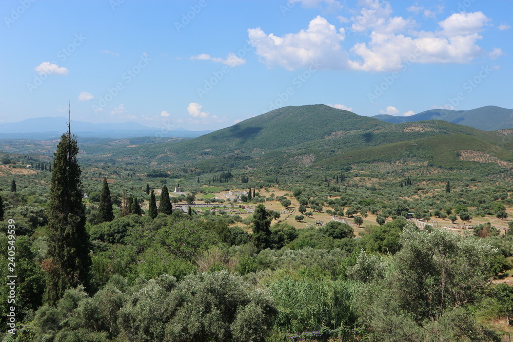 Panoramic view to the ruins of ancient greek town Messini, Peloponnese, Greece