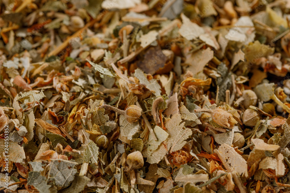 Dry green tea leaf texture background. Japanese tea Linden flavored green tea. Chinese grade sencha. Macro.