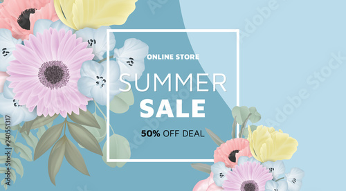 Floral summer sale banner template design, bouquets of purple gerbera, pink poppy, yellow tulip and Nemophila on light blue and dark blue background, pastel theme