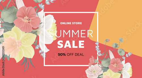 Fototapeta Naklejka Na Ścianę i Meble -  Floral summer sale banner template design, bouquets of daffodils, red Tropaeolum, lavenders, and pink anemone on red and orange background, pastel theme