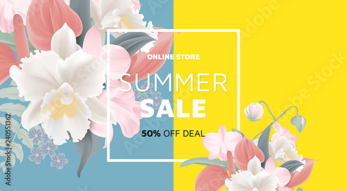Fototapeta Naklejka Na Ścianę i Meble -  Floral summer sale banner template design, bouquets of orchid, pink Dendrobium orchid, white Cattleya orchid, red Anthurium flowers and fern on blue and yellow background, pastel theme