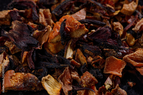 Dry fruit multifit tea leaf texture background. Macro.