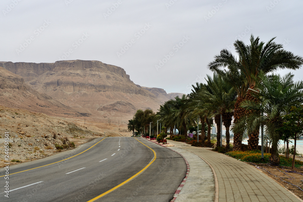 Empty road along the mountains on the coast in Israel