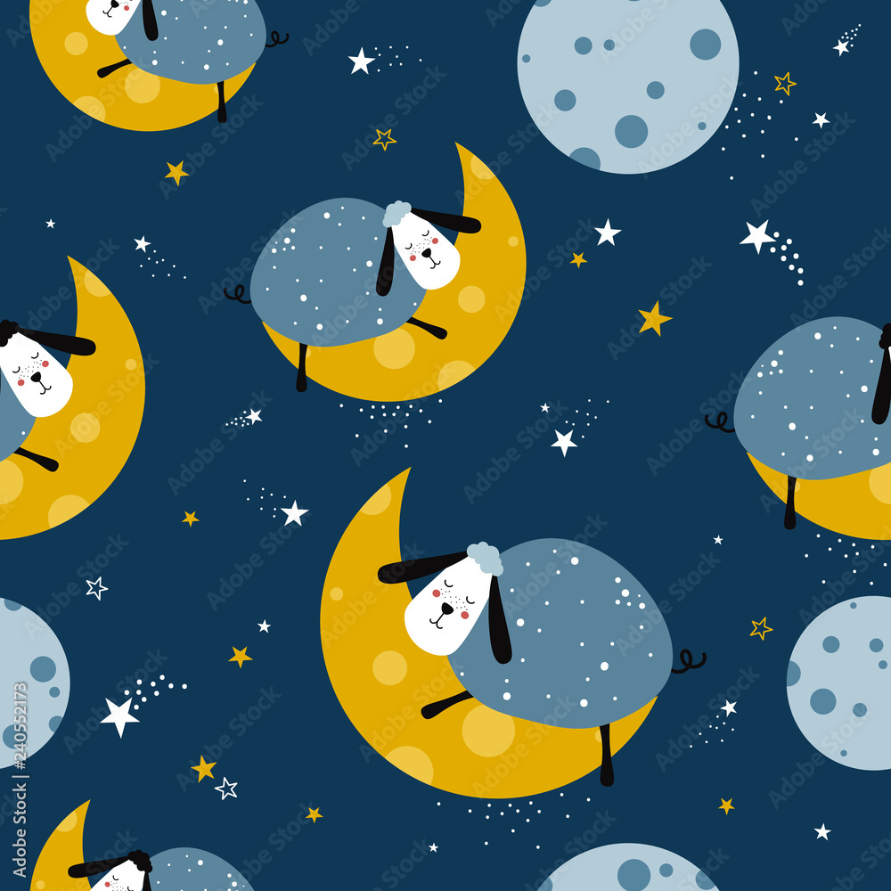 Sheeps, hand drawn backdrop. Colorful seamless pattern with animals, moon, stars. Decorative cute wallpaper, good for printing. Overlapping background vector. Design illustration
