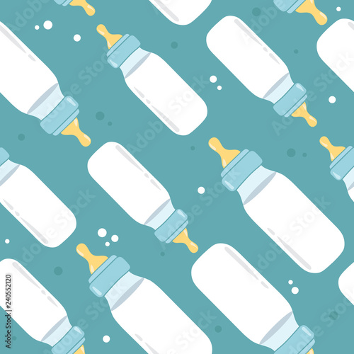 Baby bottles, hand drawn backdrop. Colorful wallpaper vector. Seamless pattern with baby foods. Decorative illustration, good for printing. Overlapping background design
