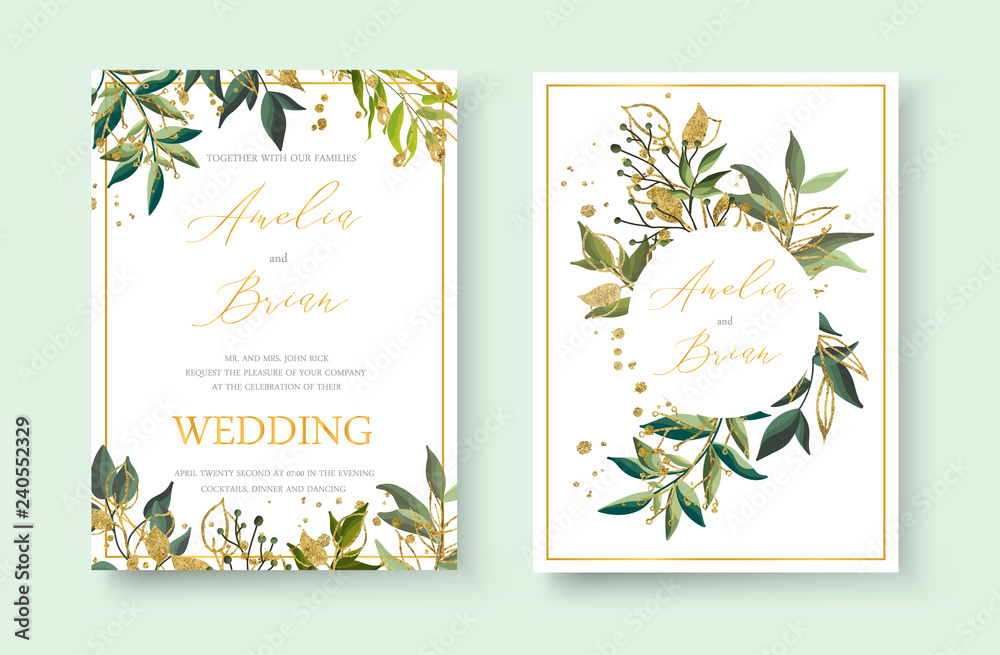 Fototapeta premium Wedding floral golden invitation card envelope save the date minimalism