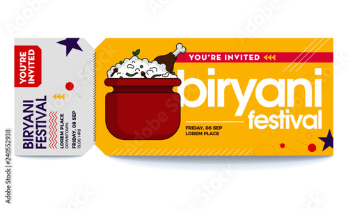 Biryani Vector Illustration. Biryani Party Vector Tickets Template. You are Invited Ticket for entrance to the party. Modern elegant template of Ticket Card. Indian/Mughlai traditional rice dish. 