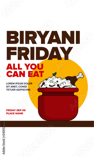 Biryani Vector Illustration. Chicken Biryani Pot. Indian/Mughlai traditional rice dish. Biryani party concept. Poster Ad template