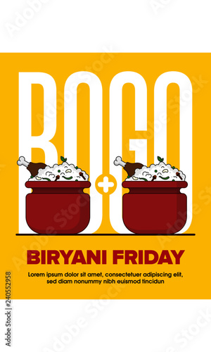 Biryani Vector Illustration. Chicken Biryani Pot. Indian/Mughlai traditional rice dish. Buy one get one Biryani. BOGO Concept